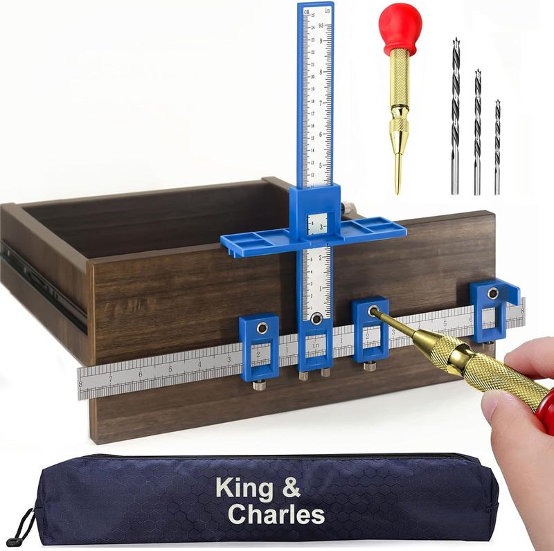 King&Charles أداة تثبيت الأجهزة الخشبية، أداة مقبض الخزانة + مثقاب تلقائي + بتات حفر مدببة، تستخدم للمقابض والمقابض على الأدراج/الأبواب، مجموعة دليل حفر الخشب. - Image 1
